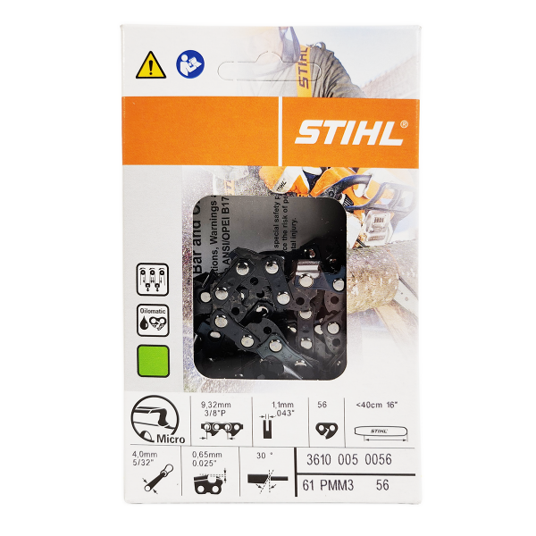 STIHL 16" Chainsaw Chain 0.375" Pitch (3/8P), 0.043" Gauge, 56 Drive Link, Picco Micro Mini (61PMM3 56) 3610-005-0056