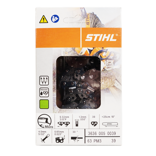 STIHL 10" Chainsaw Chain 0.375" Pitch (3/8P), 0.050" Gauge, 39 Drive Link, Picco Micro 3 (63PM3 39) 3636-005-0039