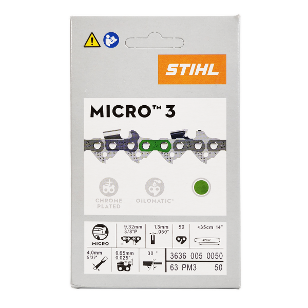 STIHL 14" Chainsaw Chain 0.375" Pitch (3/8P), 0.050" Gauge, 50 Drive Link, Picco Micro 3 (63PM3 50) 3636-005-0050