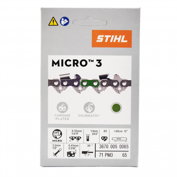 STIHL 12" Chainsaw Chain 0.25" Pitch (1/4"), 0.043" Gauge, 65 Drive Link, Picco Micro 3 (71PM3 65) 3670-005-0065