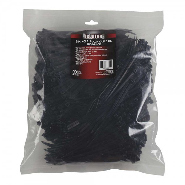 Ironton 980164 Multi-Pack Cable Zip Ties 1000-Pk  5-In. L x .142-In. W 40-Lb. Tensile Strength Black