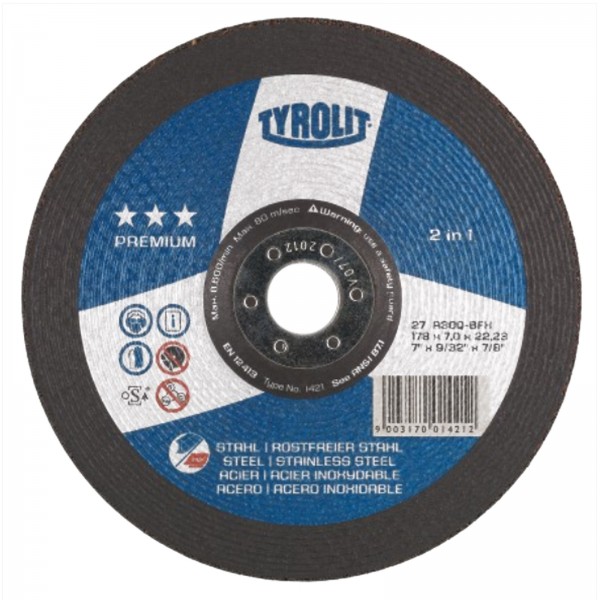 Tyrolit 87216 5 In. X .040 In. X 7/8 In. Premium 2 In 1 Wheels For Steel & Stainless Steel-Type 27